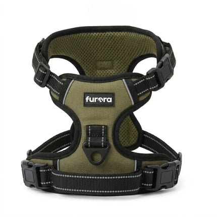Reflective dog harness with adjustable straps and soft mesh padding olive green