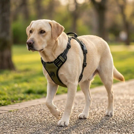 Premium olive green dog harness with no-pull design and chest support