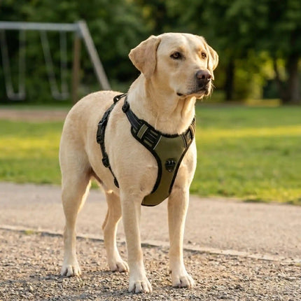 Dog wearing a Furora Olive harness standing on a path with greenery in the background