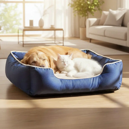 Premium Rectangle Pet Bed for Dogs & Cats – Navy Blue & Silver | Soft, Durable & Washable
