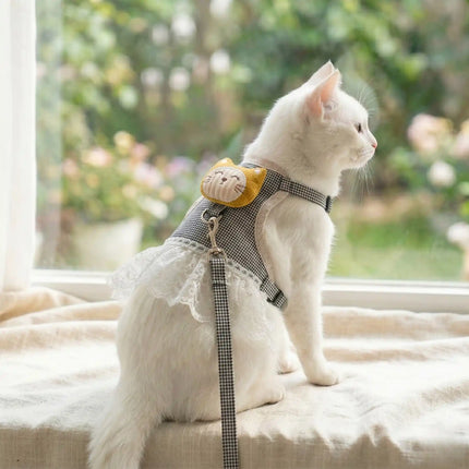 Dress Style Cat Harness with Lace Design & Leash - Black & White (LARGE)