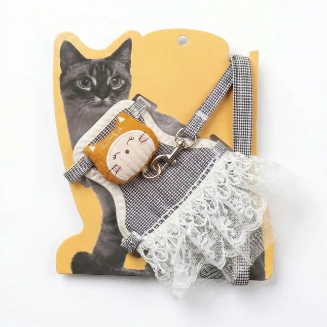 Dress Style Cat Harness with Lace Design & Leash - Black & White (LARGE)