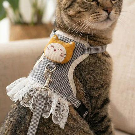 Dress Style Cat Harness with Lace Design & Leash - Black & White (LARGE)