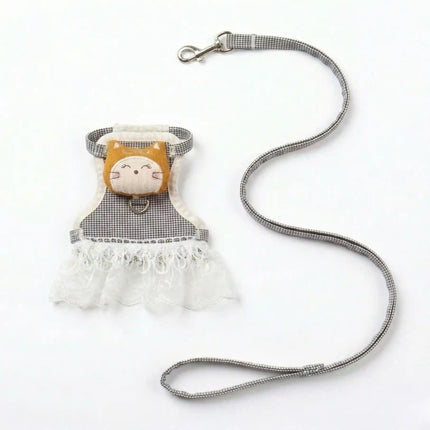 Dress Style Cat Harness with Lace Design & Leash - Black & White (LARGE)