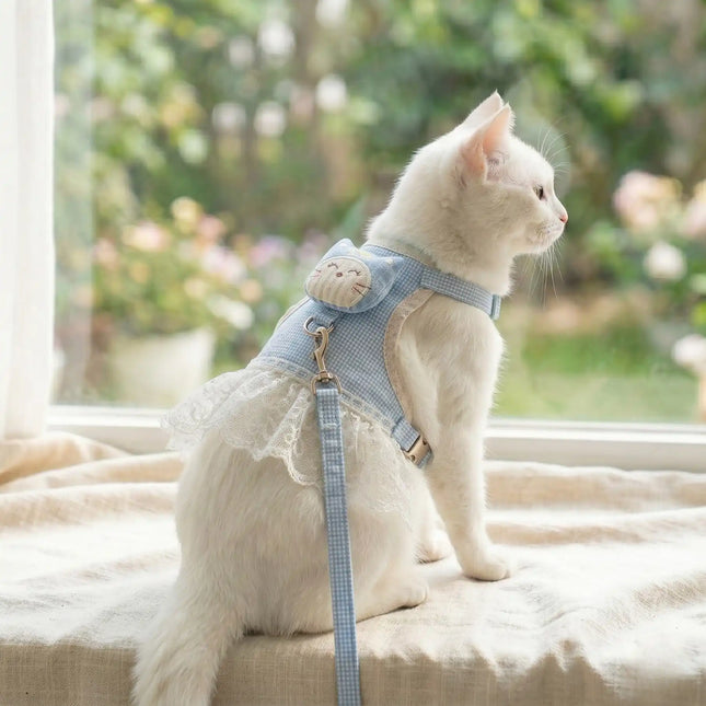 Dress Style Cat Harness with Lace Design & Leash - Blue & White (LARGE)
