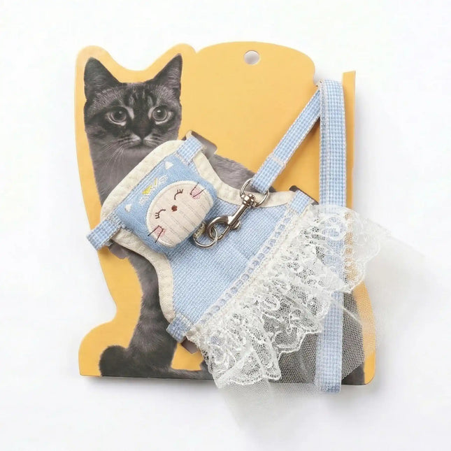 Dress Style Cat Harness with Lace Design & Leash - Blue & White (LARGE)