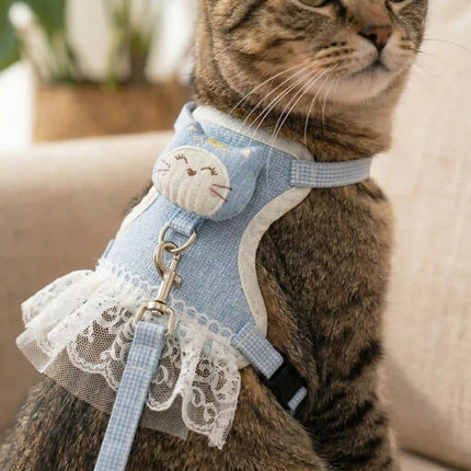 Dress Style Cat Harness with Lace Design & Leash - Blue & White (LARGE)