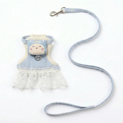 Dress Style Cat Harness with Lace Design & Leash - Blue & White (LARGE)