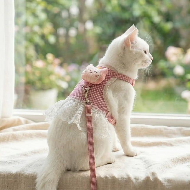 Dress Style Cat Harness with Lace Design & Leash - Pink & White (LARGE)