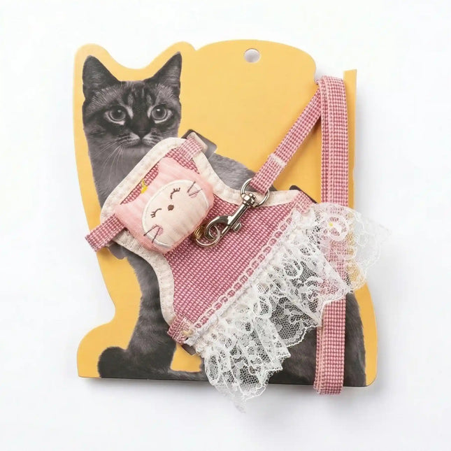 Dress Style Cat Harness with Lace Design & Leash - Pink & White (LARGE)