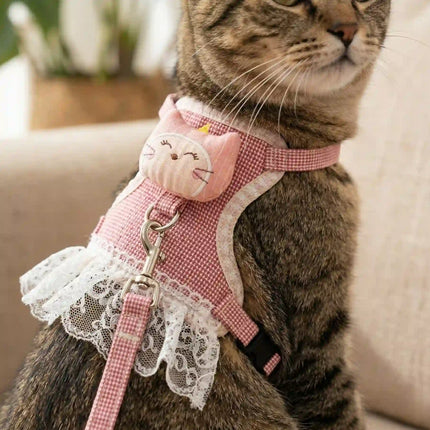 Dress Style Cat Harness with Lace Design & Leash - Pink & White (LARGE)