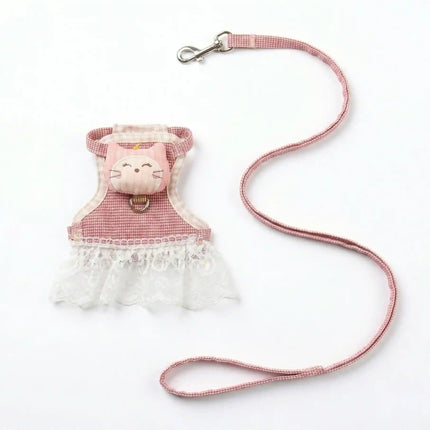 Dress Style Cat Harness with Lace Design & Leash - Pink & White (LARGE)