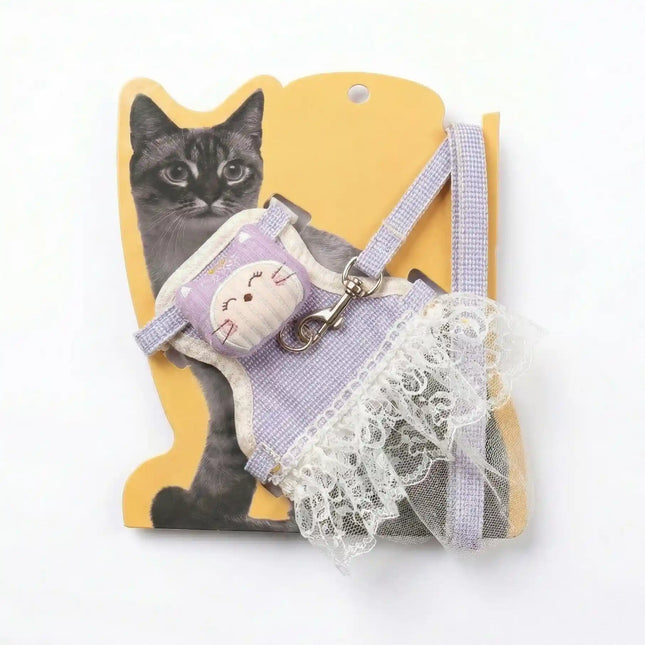 Dress Style Cat Harness with Lace Design & Leash - Lavender & White (LARGE)