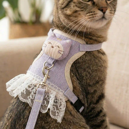 Dress Style Cat Harness with Lace Design & Leash - Lavender & White (LARGE)