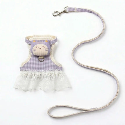 Dress Style Cat Harness with Lace Design & Leash - Lavender & White (LARGE)