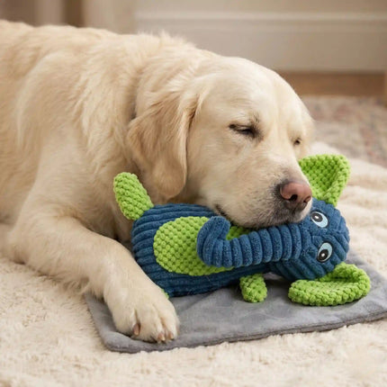 Soft Plush Elephant Dog Toy with Squeaker & Textured Fabric for Chew & Play - Blue & Green