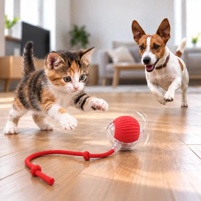 Smart Interactive Running Ball Toy with Tail for Dogs & Cats | USB Rechargeable (3 Modes) - RED