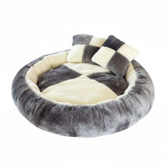Round Pet Bed with Pillows for Dogs and Cats (Grey & Cream)