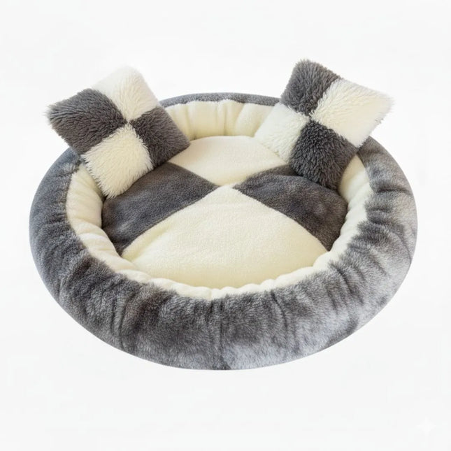 Round Pet Bed with Pillows for Dogs and Cats (Grey & Cream)