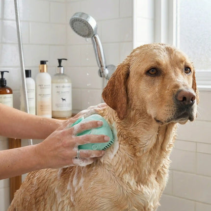 Silicone Pet Bath Brush with Shampoo Dispenser & Soft Massage Bristles - Green