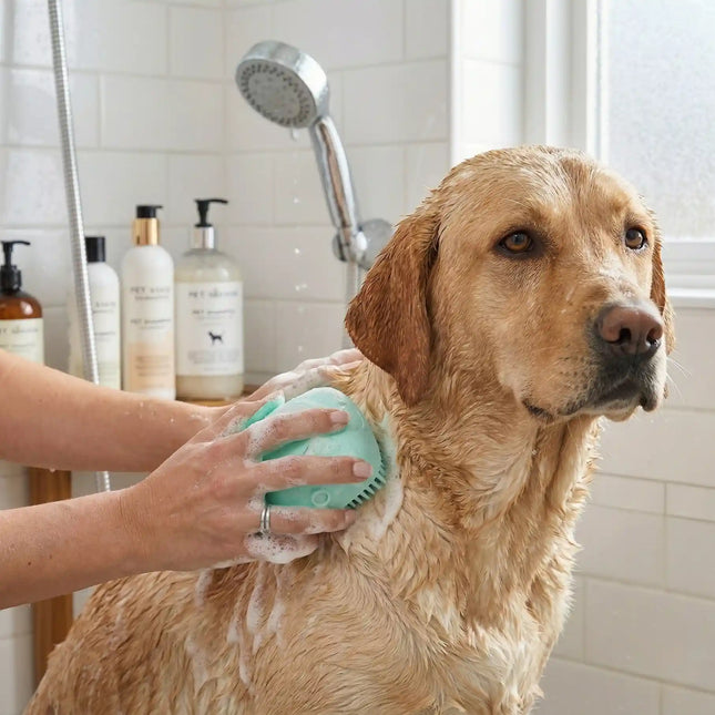 Silicone Pet Bath Brush with Shampoo Dispenser & Soft Massage Bristles - Green