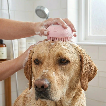 Silicone Pet Bath Brush with Shampoo Dispenser & Soft Massage Bristles - Pink