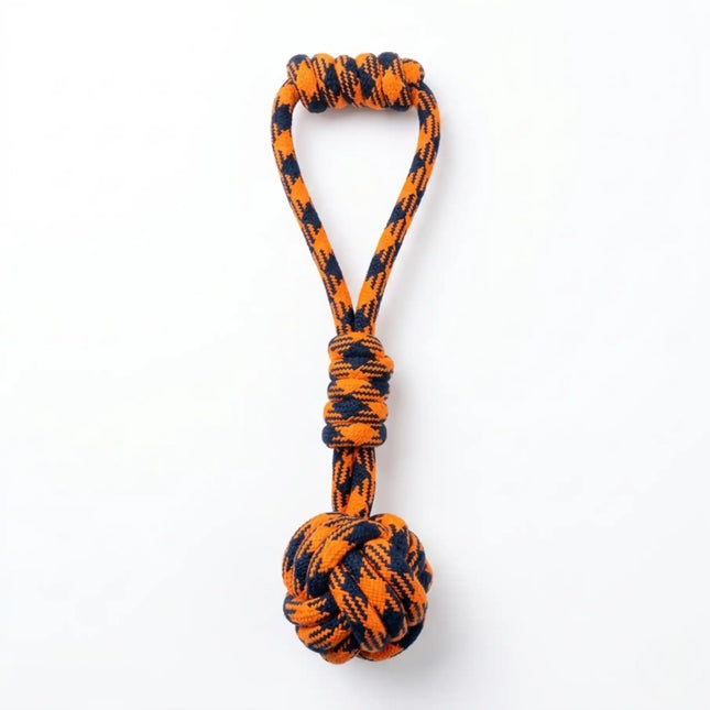 Rope Ball Dog Toy with Handle for Tug, Chew & Fetch Play - Orange & Navy Blue