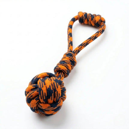 Rope Ball Dog Toy with Handle for Tug, Chew & Fetch Play - Orange & Navy Blue