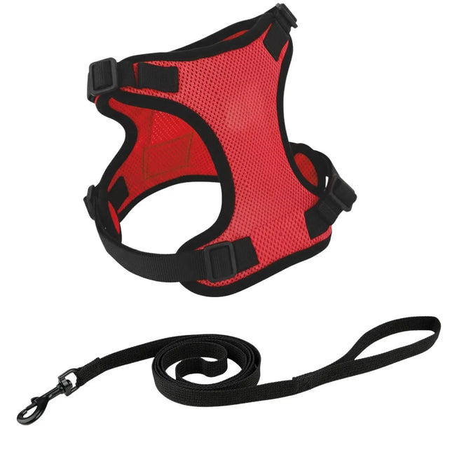 Red breathable mesh cat harness with adjustable straps and matching leash