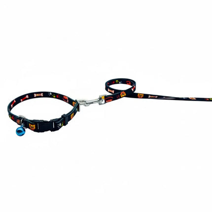 Black leash and collar set with multicolor paw and bone print