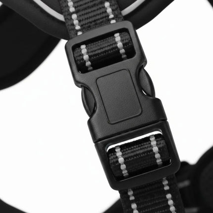 Durable black dog harness with padded mesh and secure D-ring