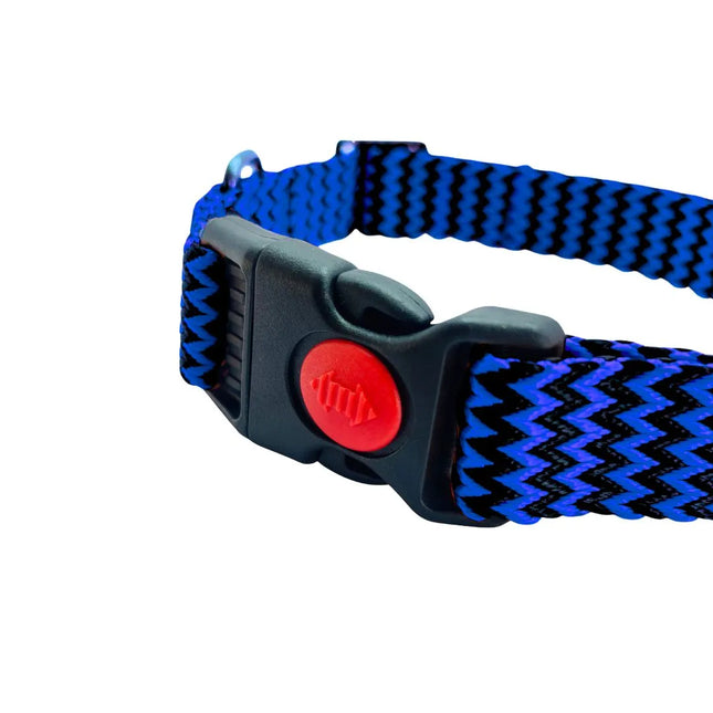 Heavy-duty navy blue and black woven dog collar with safety-lock buckle