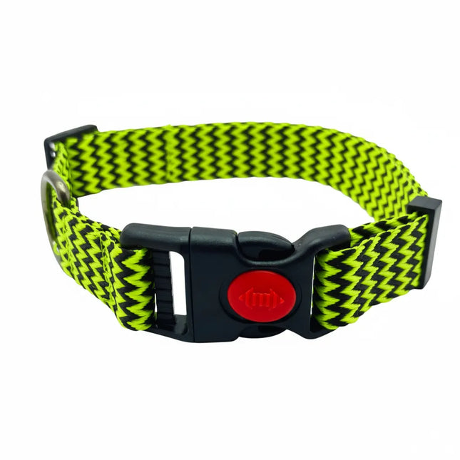 Heavy-duty neon and black woven dog collar with safety-lock buckle