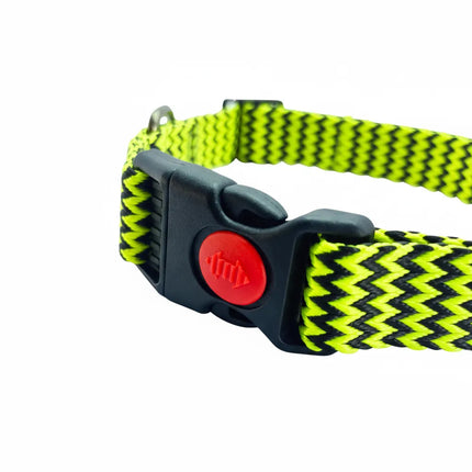 Durable woven pet collar with red lock buckle and metal D-ring