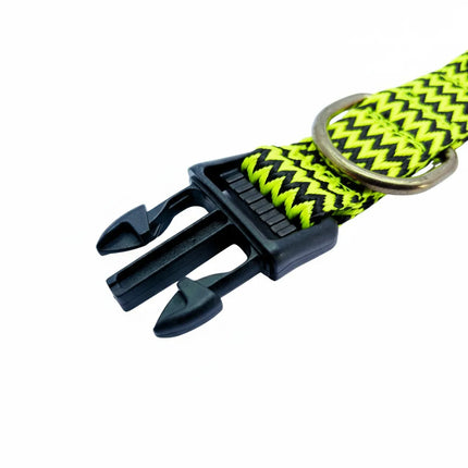 Neon black patterned dog collar with secure leash attachment ring