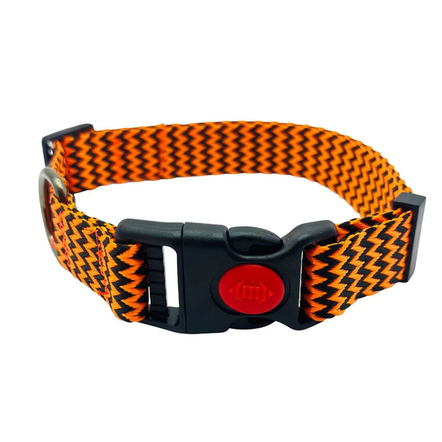 Heavy-duty orange and black woven dog collar with safety-lock buckle
