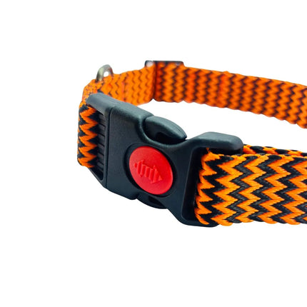 Durable woven pet collar with red lock buckle and metal D-ring