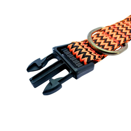 Orange black patterned dog collar with secure leash attachment ring
