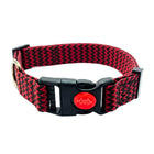 Heavy-duty red and black woven dog collar with safety-lock buckle