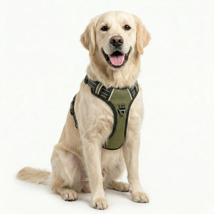 Olive green no-pull dog harness with breathable mesh and reflective straps