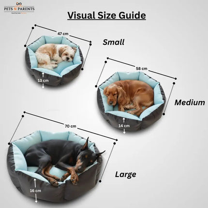Visual size guide for pet beds with measurements and images of dogs on each size.