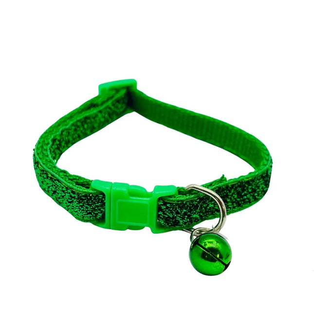 Shimmering green adjustable cat and puppy collar with quick-release buckle and bell
