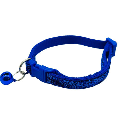 Shimmering navy blue adjustable cat and puppy collar with quick-release buckle and bell