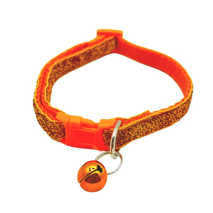Shimmering orange adjustable cat and puppy collar with quick-release buckle and bell